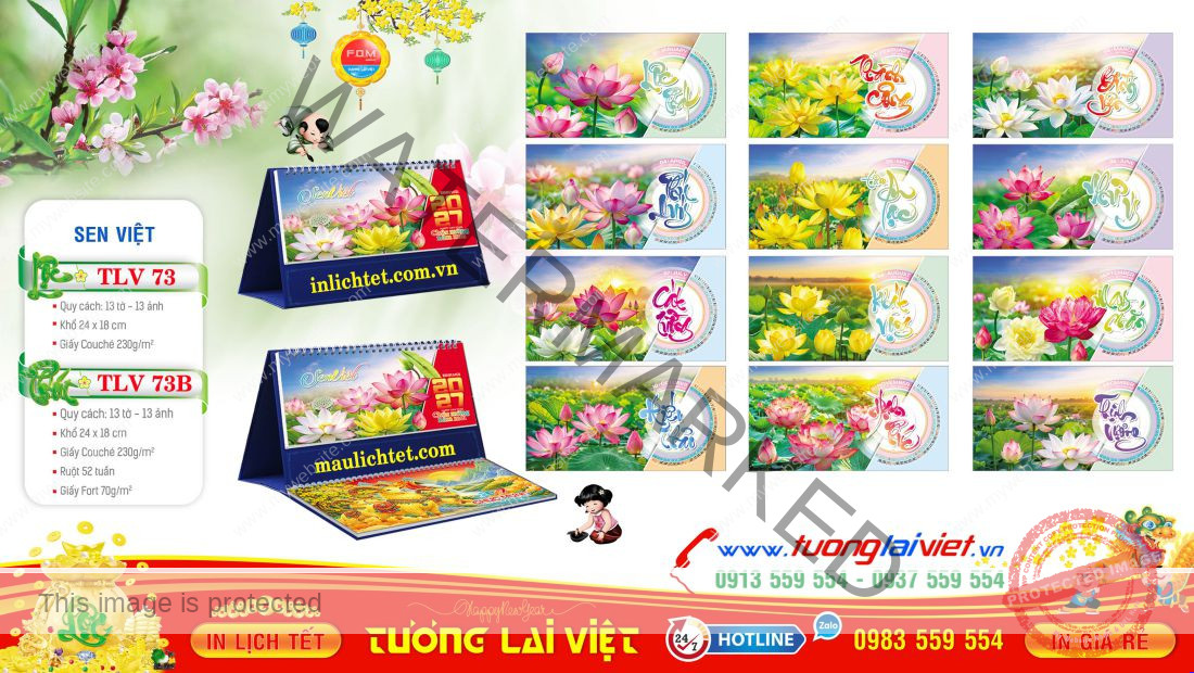 Mẫu Lịch Bàn 13 Tờ Hoa Sen